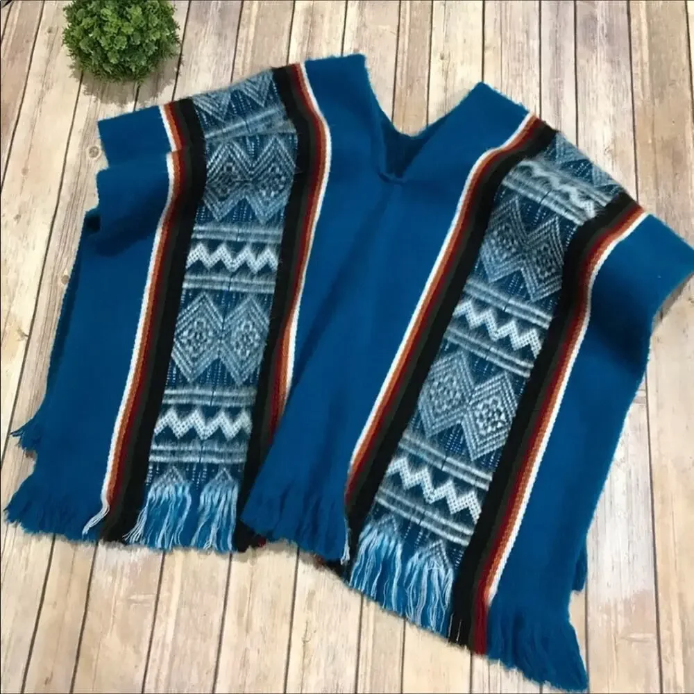 Aztec Tribal‎ Southwest Western Woven Fringe Saddle Blanket Poncho Women’s OS